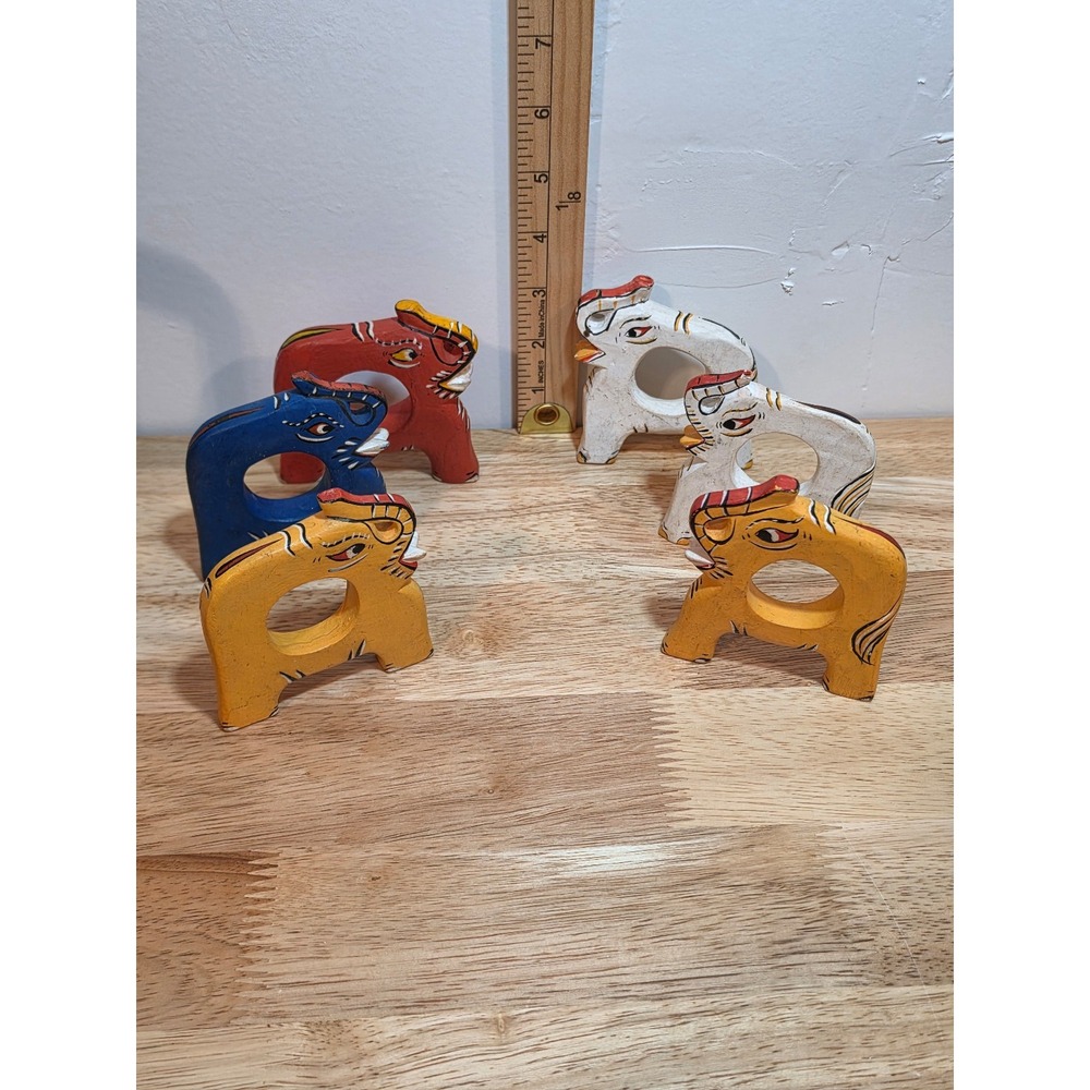 Vintage folk art set of six hand painted and carved animal napkin rings